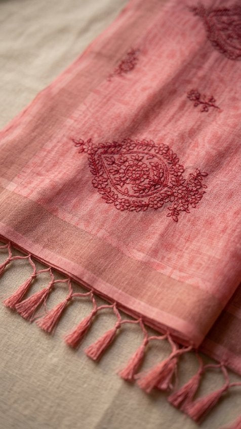Dusty Rose Linen Cotton Saree with Subtle Buta Motifs & Elegant Border