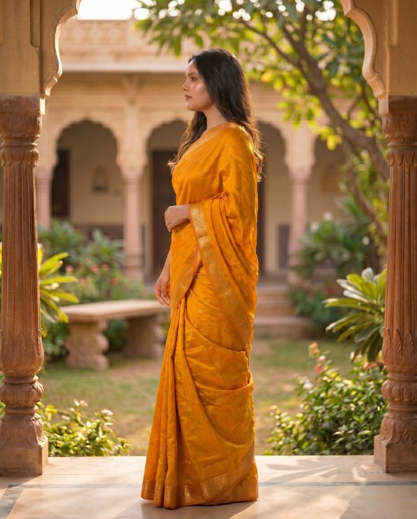 Mustard Yellow Banarasi Silk Saree with Rich Zari Border