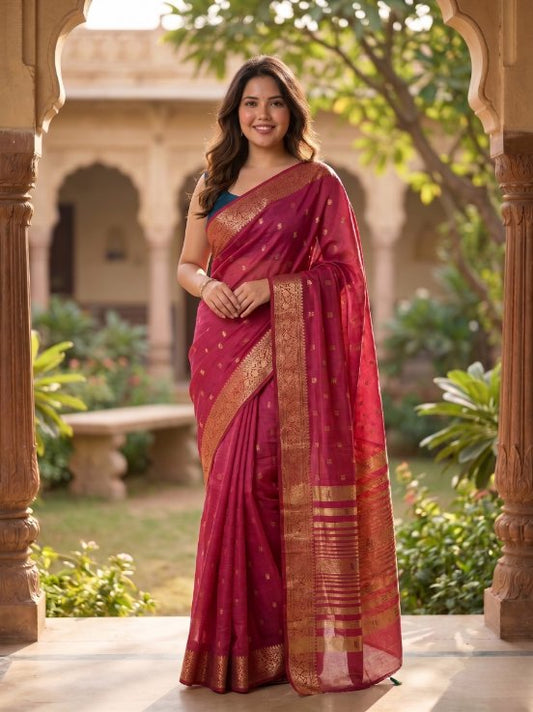 Magenta Silk Saree with Intricate Gold Zari Border & Regal Woven Pallu