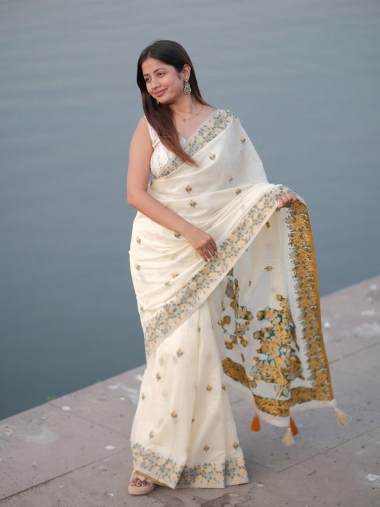 Noor Ivory Cotton Saree with Delicate Floral Vines