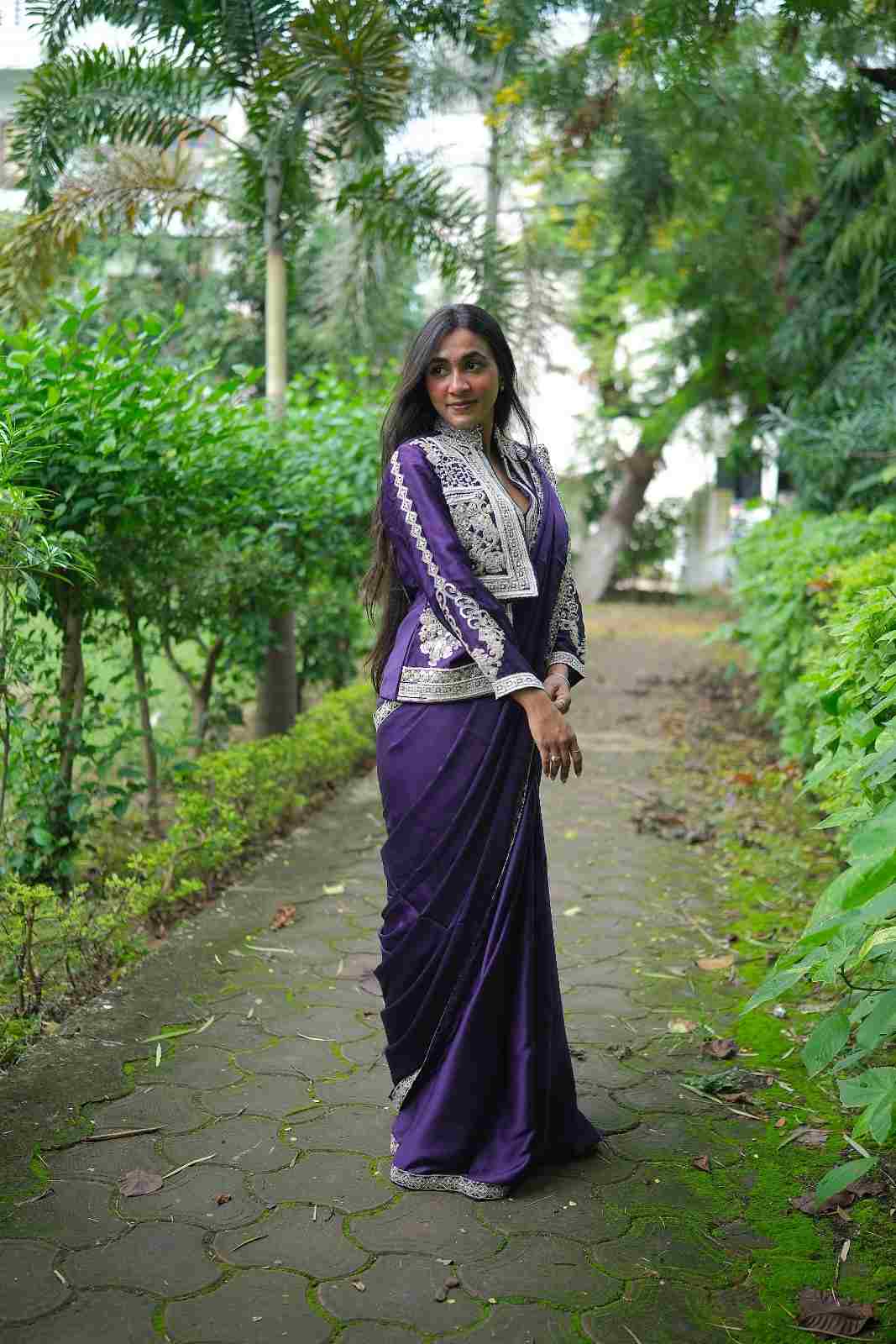 Royal Purple Indo-Western Saree with Ready-Made Blouse & Jacket