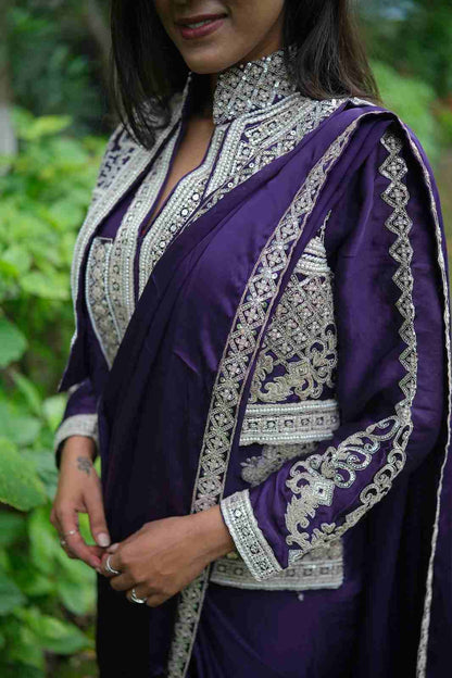 Royal Purple Indo-Western Saree with Ready-Made Blouse & Jacket