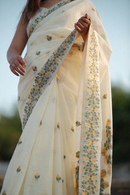 Noor Ivory Cotton Saree with Delicate Floral Vines