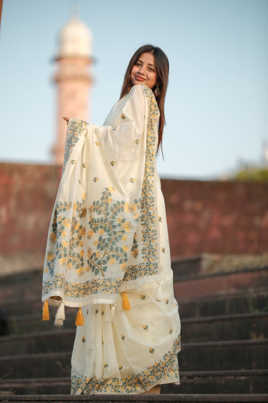 Noor Ivory Cotton Saree with Delicate Floral Vines