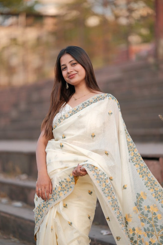 Noor Ivory Cotton Saree with Delicate Floral Vines