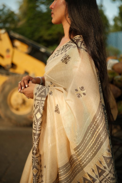 Ivory Cotton Saree with Grey Tribal Woven Border