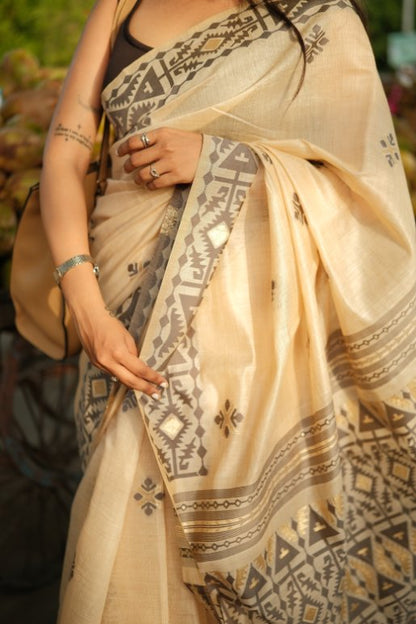 Ivory Cotton Saree with Grey Tribal Woven Border