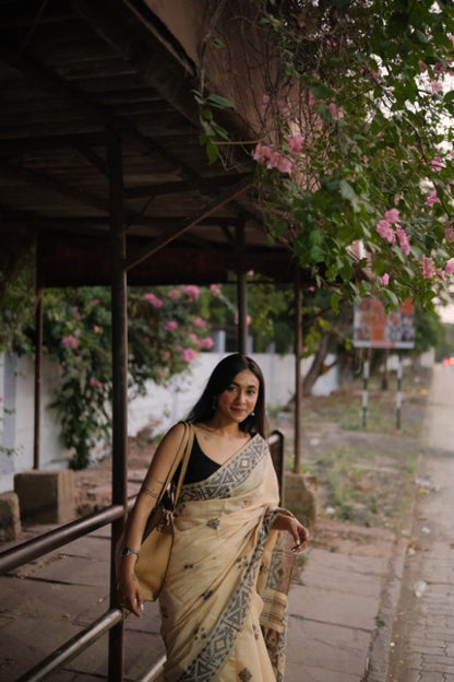 Ivory Cotton Saree with Grey Tribal Woven Border