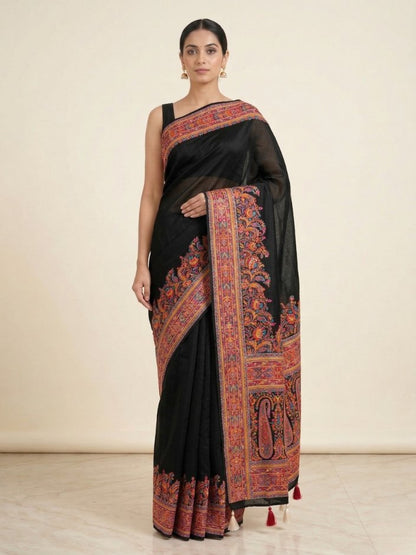 Black Pashmina Embroidered Saree with Paisley Border