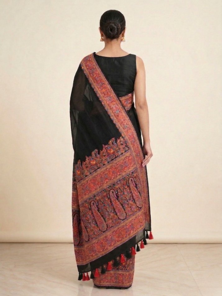 Black Pashmina Embroidered Saree with Paisley Border