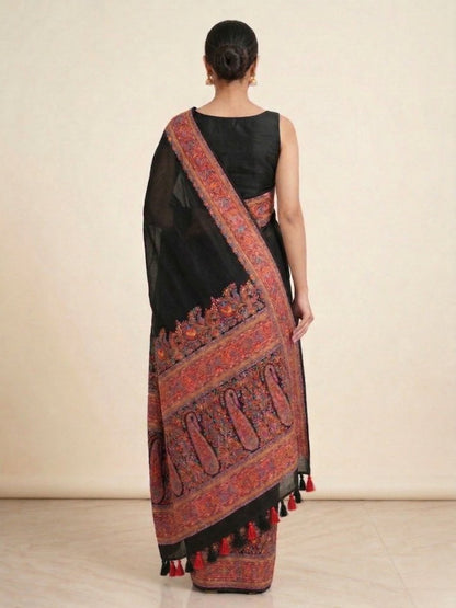 Black Pashmina Embroidered Saree with Paisley Border