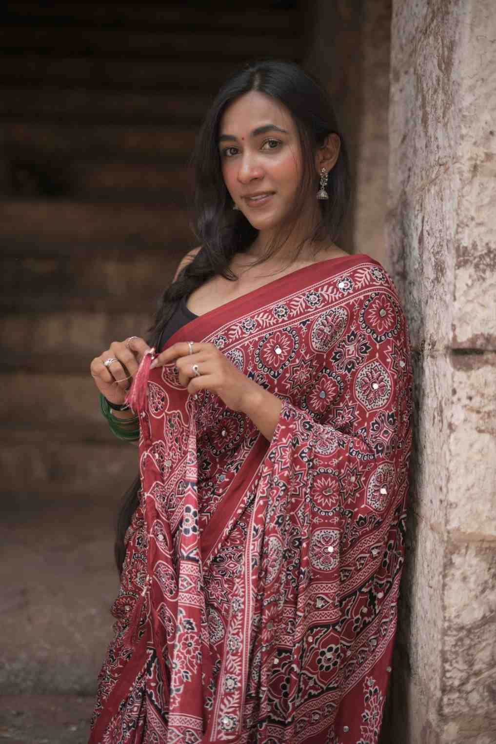 Red Rajasthani Ajrakh Modal Saree With Mirror Work
