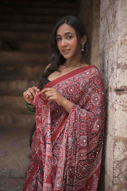 Red Rajasthani Ajrakh Modal Saree With Mirror Work