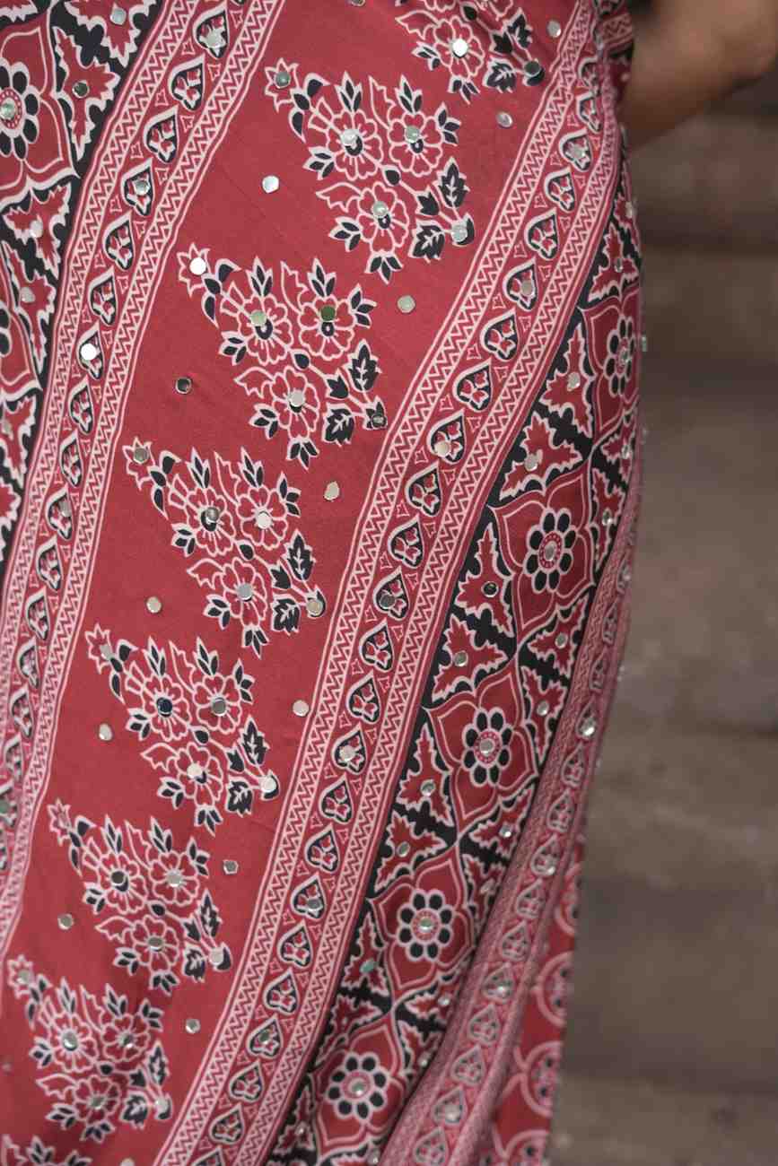 Red Rajasthani Ajrakh Modal Saree With Mirror Work