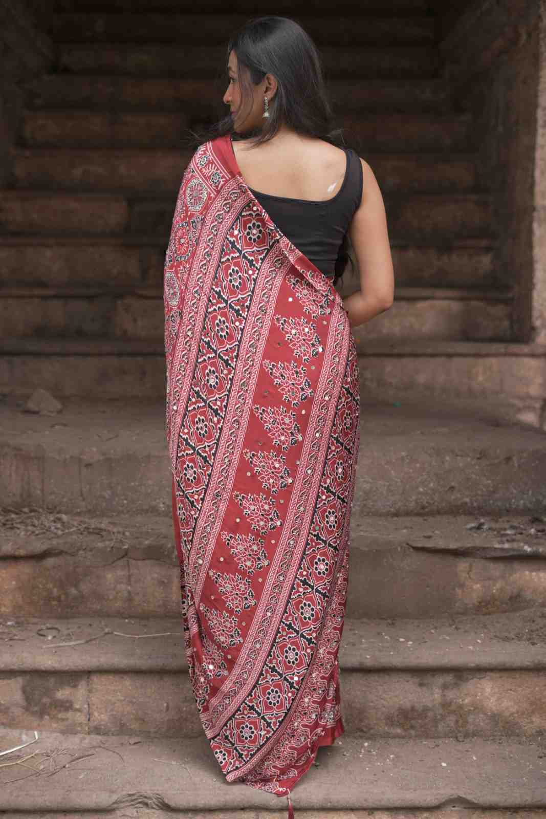 Red Rajasthani Ajrakh Modal Saree With Mirror Work