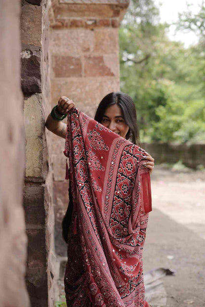 Red Rajasthani Ajrakh Modal Saree With Mirror Work