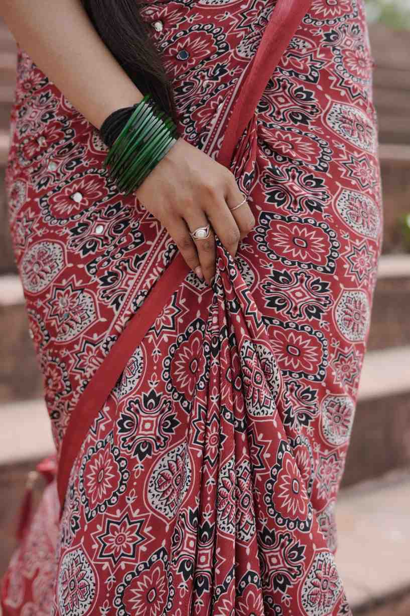 Red Rajasthani Ajrakh Modal Saree With Mirror Work