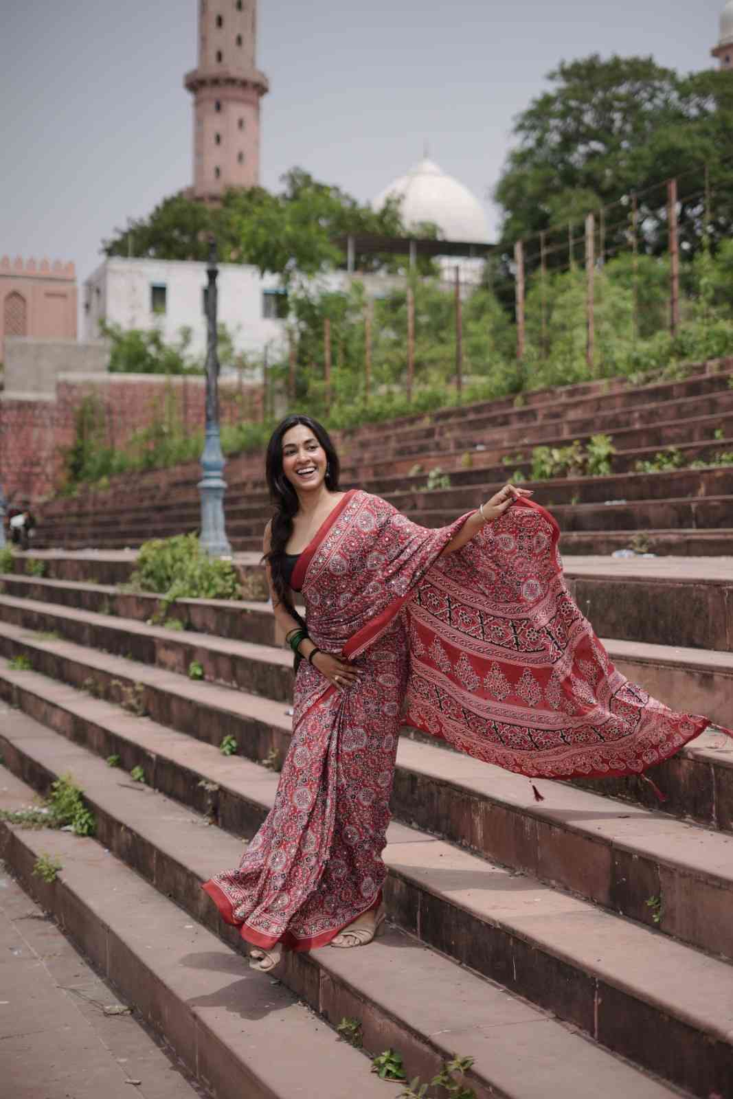 Red Rajasthani Ajrakh Modal Saree With Mirror Work