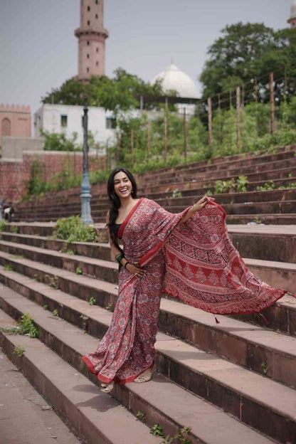 Red Rajasthani Ajrakh Modal Saree With Mirror Work