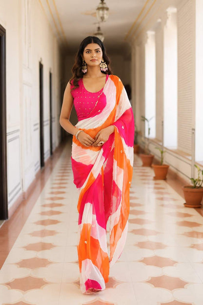 Pink & Orange Leheriya Chiffon Saree