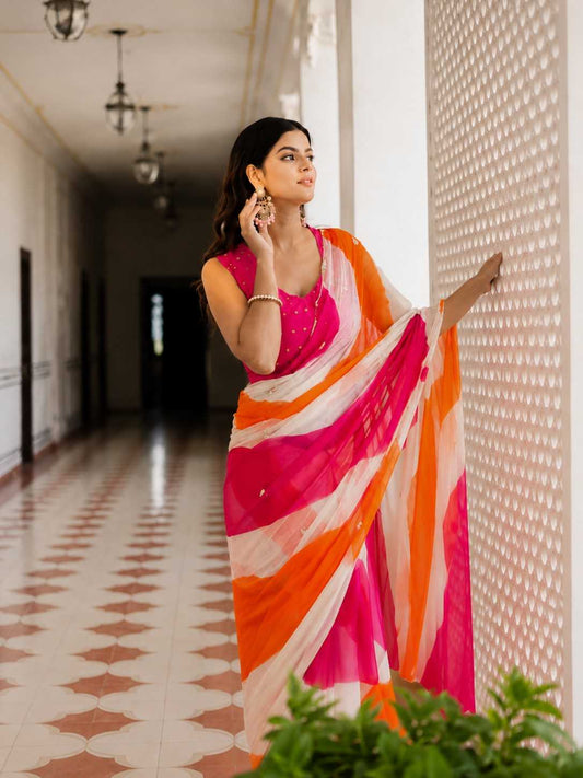 Pink & Orange Leheriya Chiffon Saree