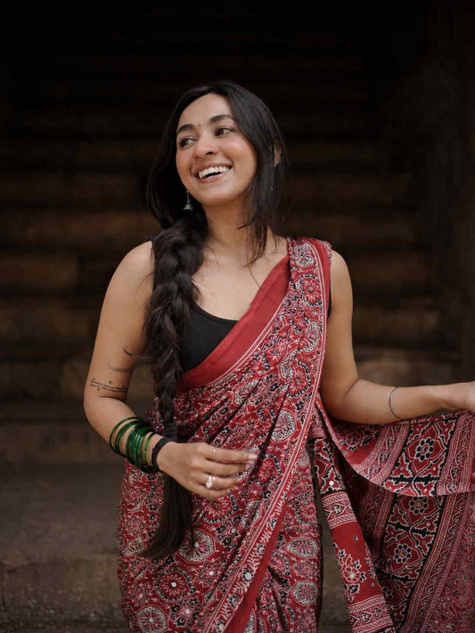 Red Rajasthani Ajrakh Modal Saree With Mirror Work