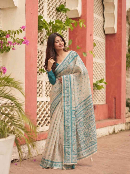 Beige Jamdani Cotton Saree with Bastar Print & Teal Woven Border