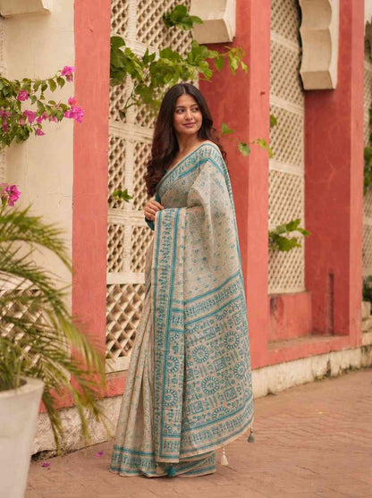 Beige Jamdani Cotton Saree with Bastar Print & Teal Woven Border