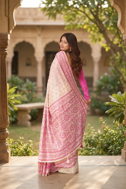 Soft Pink Jamdani Cotton Saree with Bastar Print & Contrast Woven Border