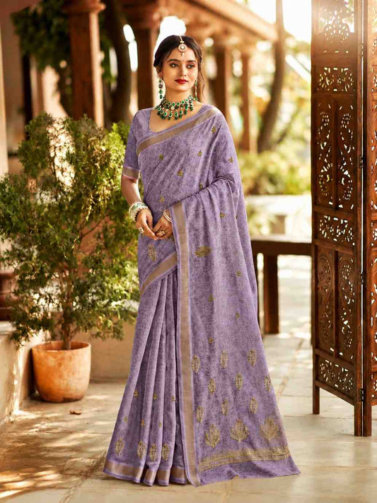 Lavender Linen Cotton Saree with Woven Floral Motifs & Elegant Zari Border