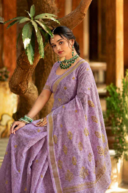Lavender Linen Cotton Saree with Woven Floral Motifs & Elegant Zari Border