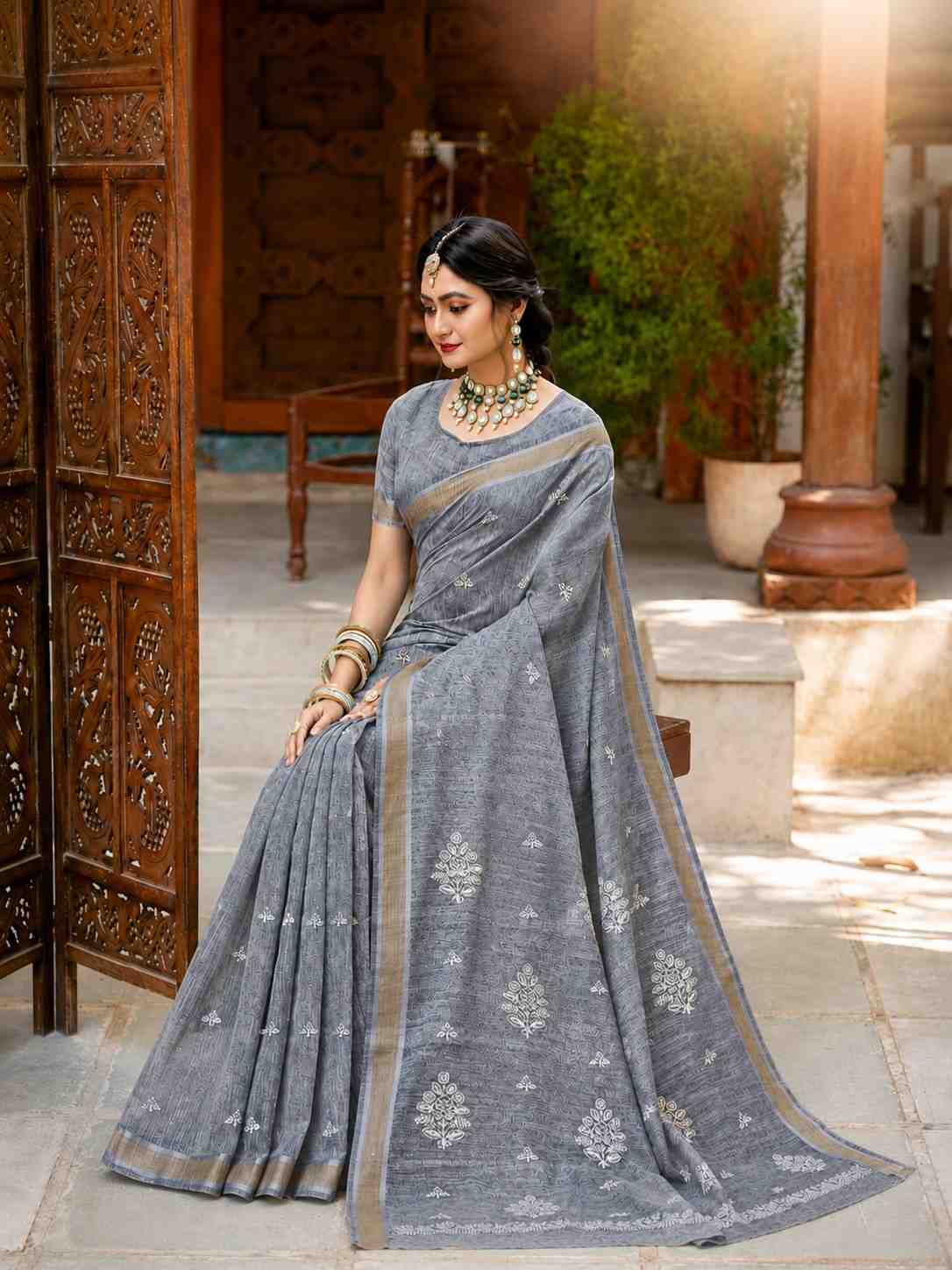 Grey Linen Cotton Saree with White Woven Floral Motifs & Elegant Zari Border