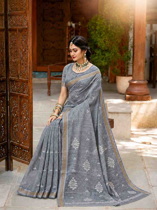 Grey Linen Cotton Saree with White Woven Floral Motifs & Elegant Zari Border