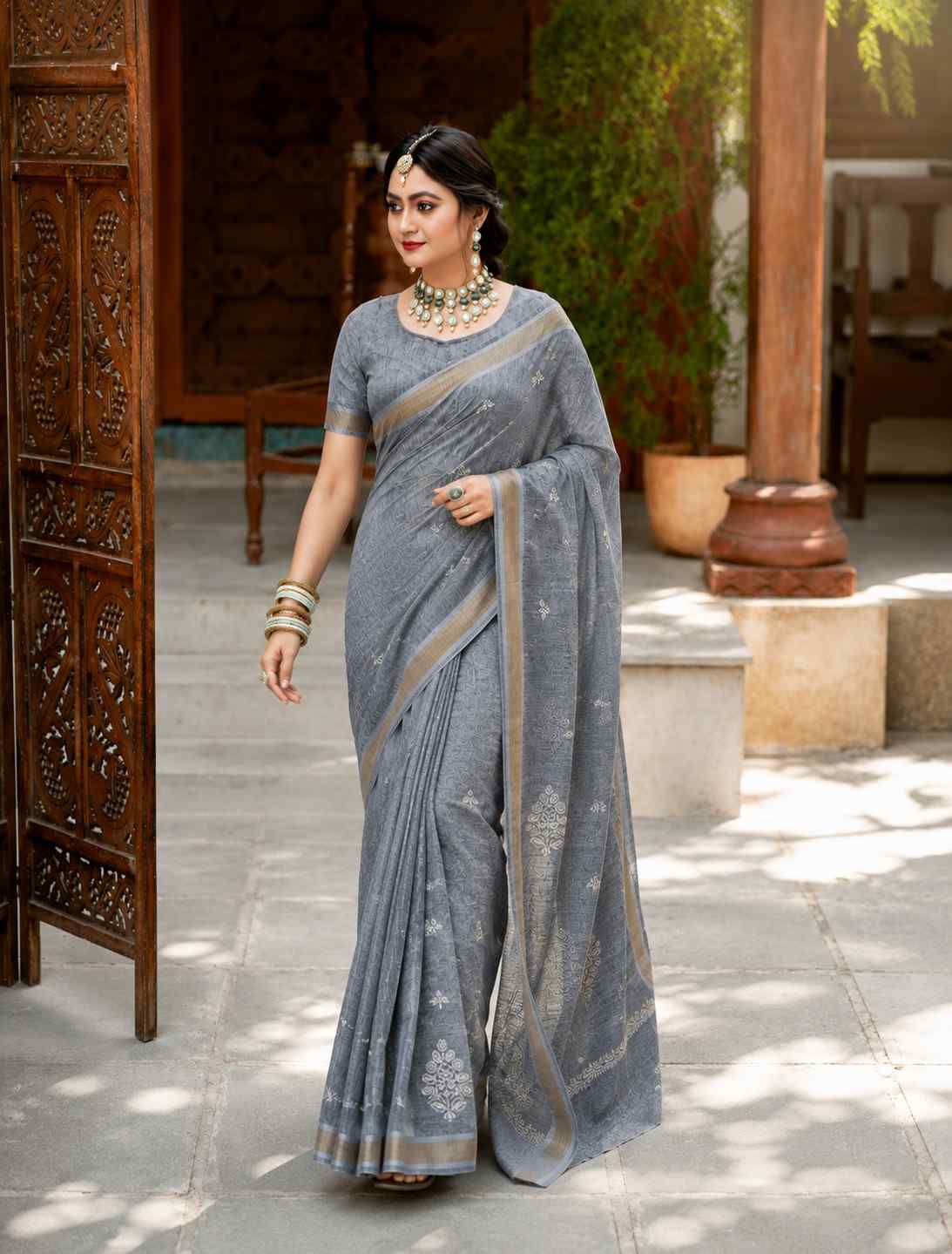 Grey Linen Cotton Saree with White Woven Floral Motifs & Elegant Zari Border