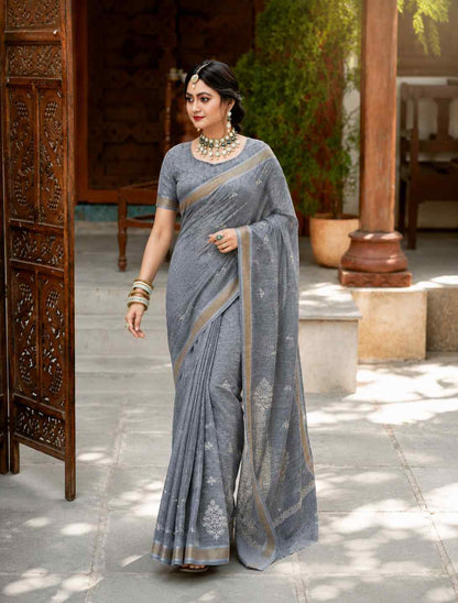 Grey Linen Cotton Saree with White Woven Floral Motifs & Elegant Zari Border