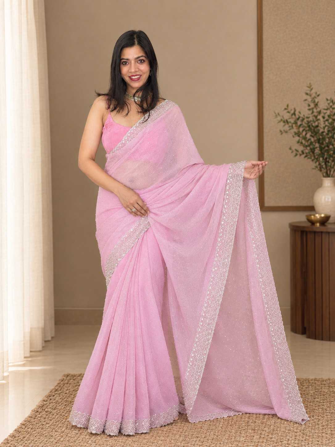 Blush Pink Glass Chiffon Saree with Silver Embellished Border