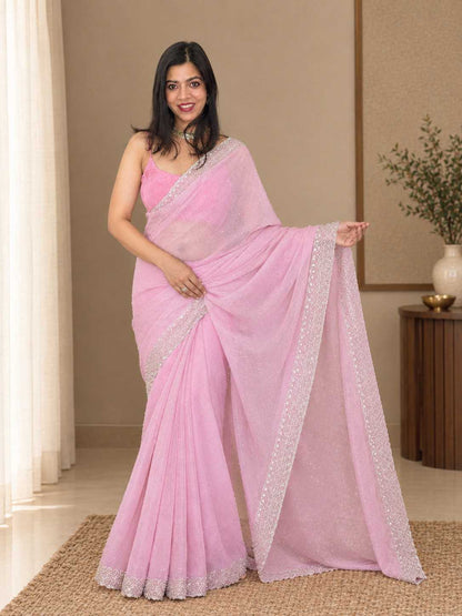 Blush Pink Glass Chiffon Saree with Silver Embellished Border