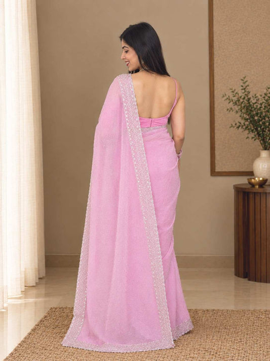 Blush Pink Glass Chiffon Saree with Silver Embellished Border