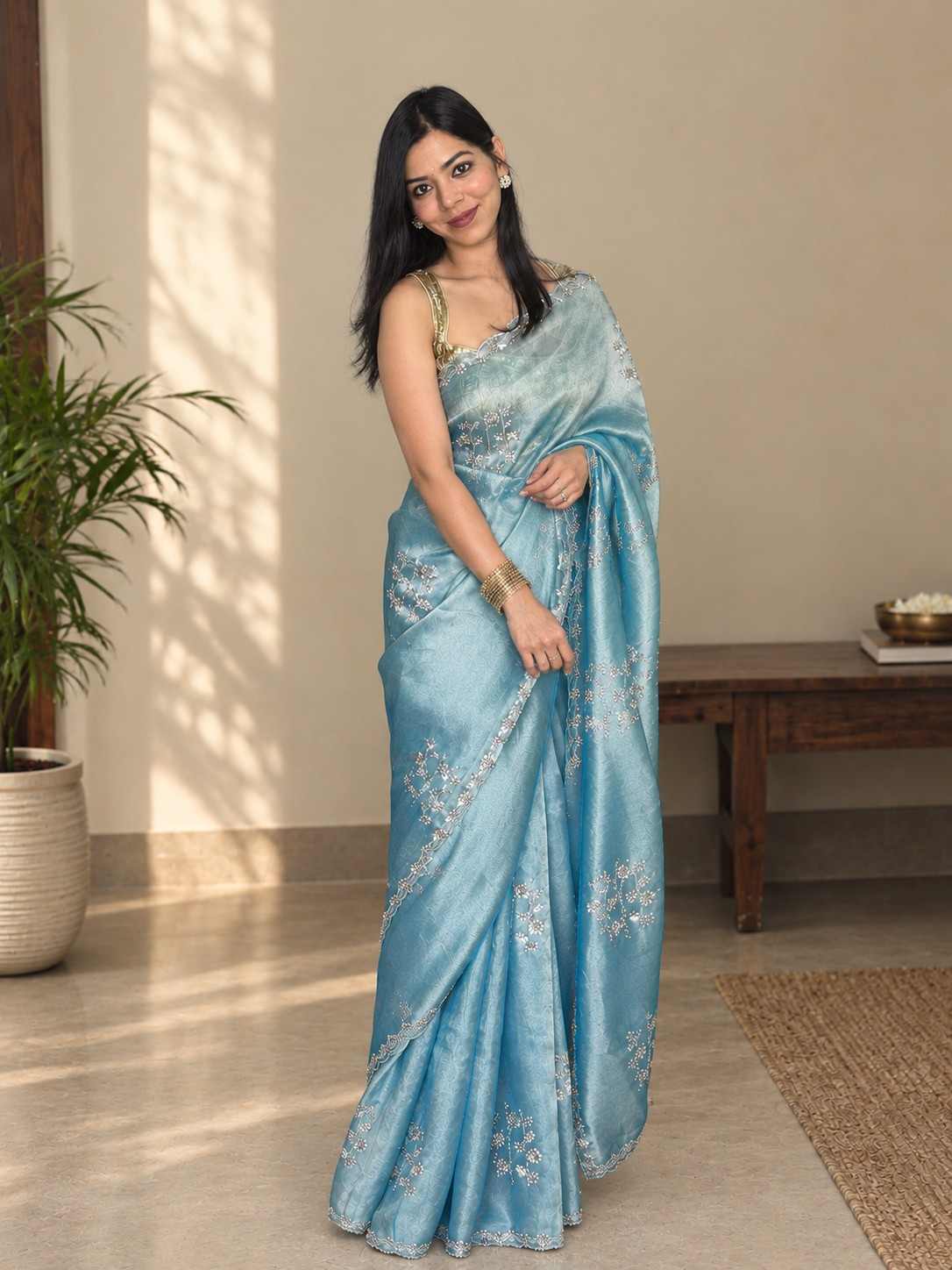 Mist Blue Tissue Saree with Delicate Silver Floral Work