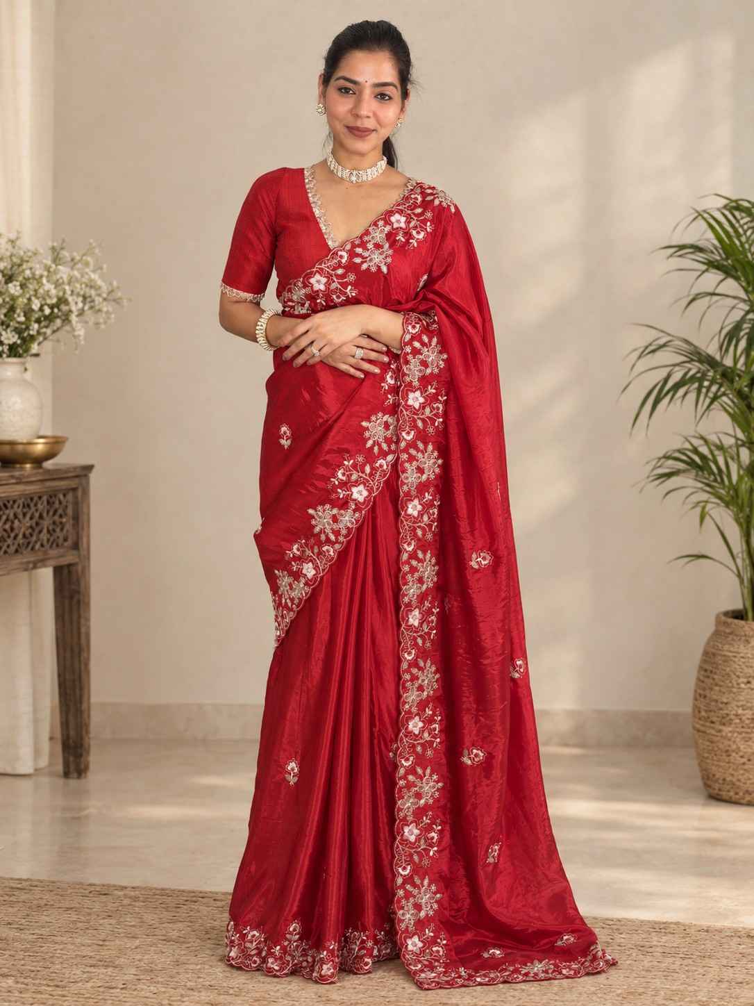Crimson Red Glass Silk Saree with Intricate Floral Embroidery
