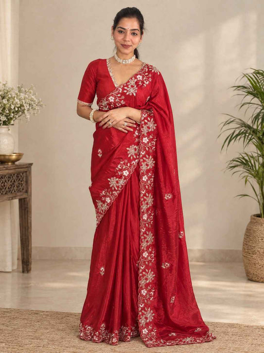 Crimson Red Glass Silk Saree with Intricate Floral Embroidery