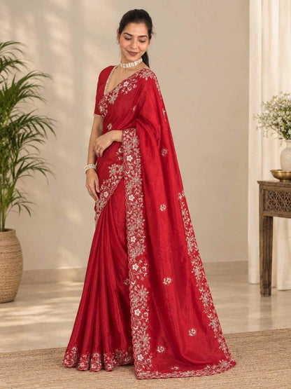 Crimson Red Glass Silk Saree with Intricate Floral Embroidery