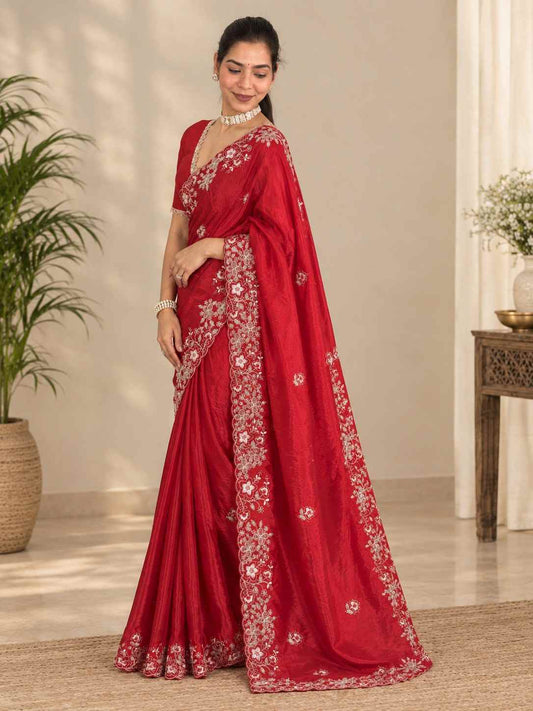 Crimson Red Glass Silk Saree with Intricate Floral Embroidery