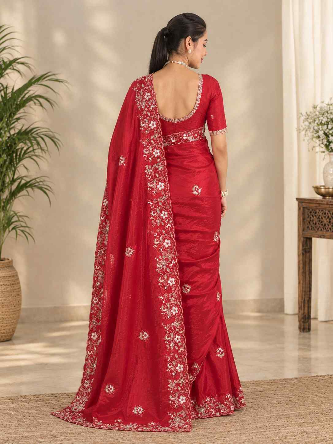 Crimson Red Glass Silk Saree with Intricate Floral Embroidery