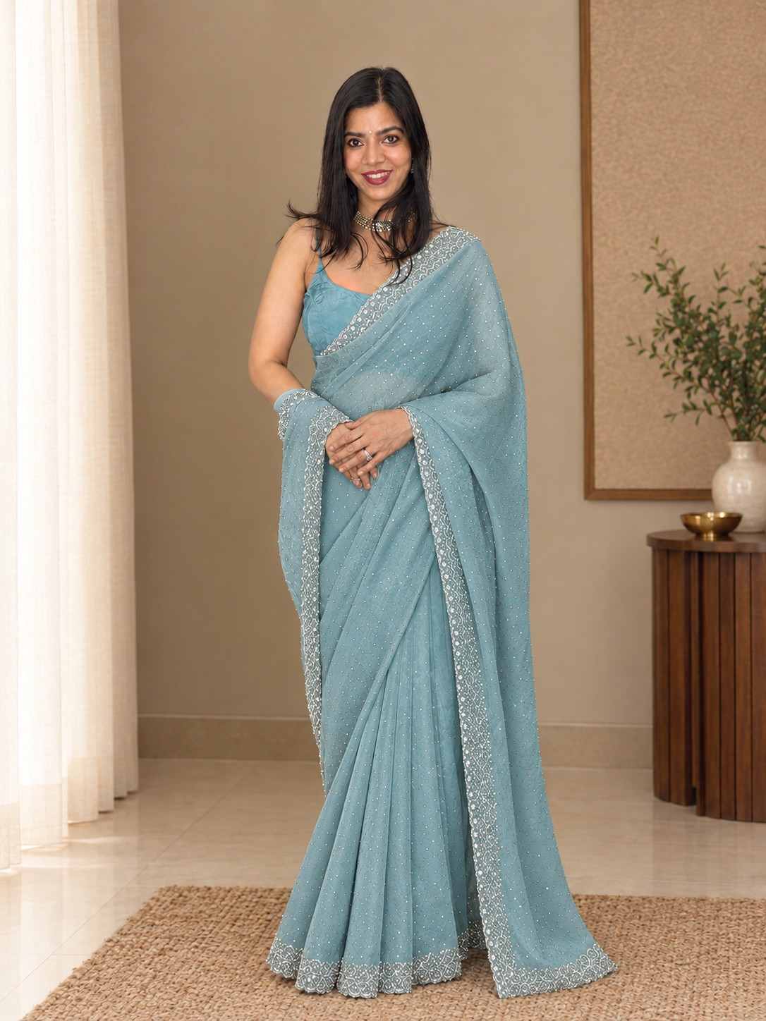 Blush Pink Glass Chiffon Saree with Silver Embellished Border