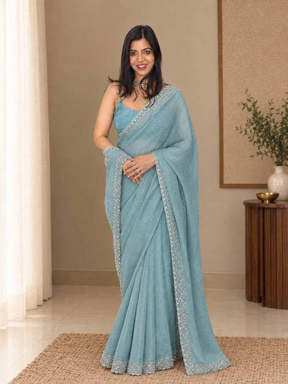 Blush Pink Glass Chiffon Saree with Silver Embellished Border
