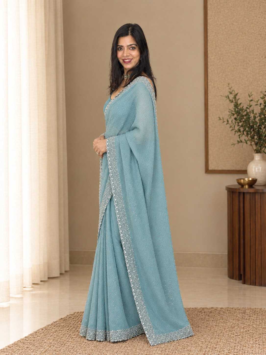 Blush Pink Glass Chiffon Saree with Silver Embellished Border