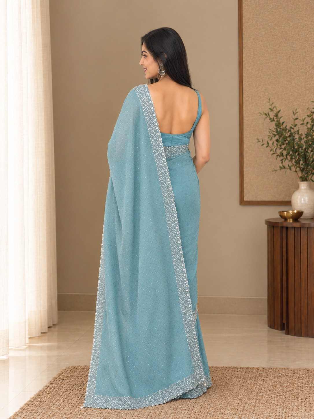 Blush Pink Glass Chiffon Saree with Silver Embellished Border