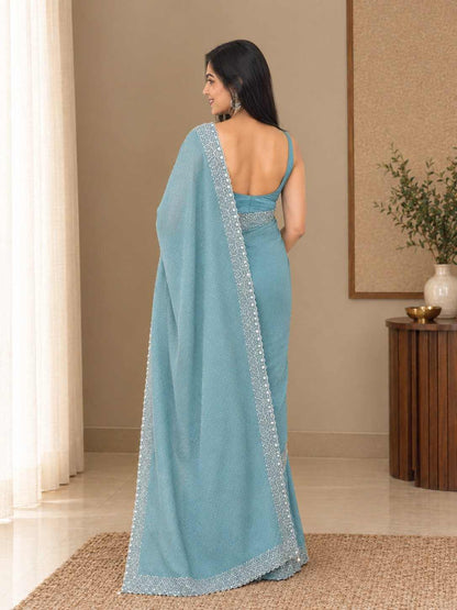 Blush Pink Glass Chiffon Saree with Silver Embellished Border