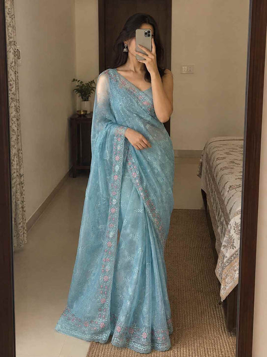 Powder Blue Floral Embroidered Saree